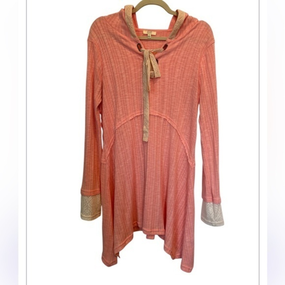 NWOT Kori America Peach Lace Coastal Cottagecore Hooded Asymmetrical Top - Picture 2 of 14